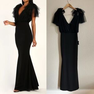 Fabulous Fun Black Tulle Flutter Sleeve Mermaid Maxi Dress
